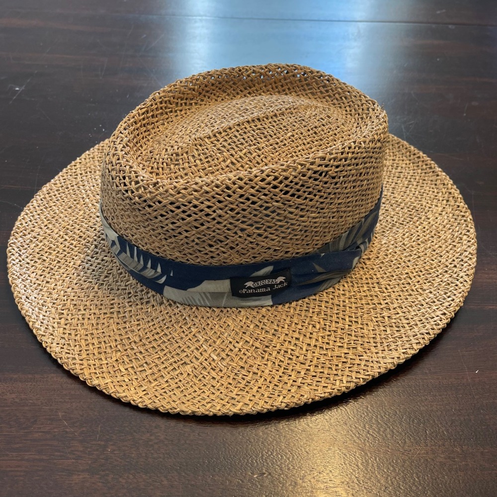 Panama Jack Straw Sun Hat Tan Navy Tropical Palm Band Wide Brim Fedora Unisex